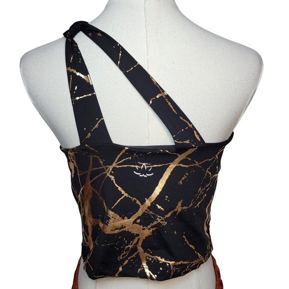 Beyond Yoga Black & Gold Marble One Shoulder Crop Top Large Gym Workout Chic - Picture 5 of 8